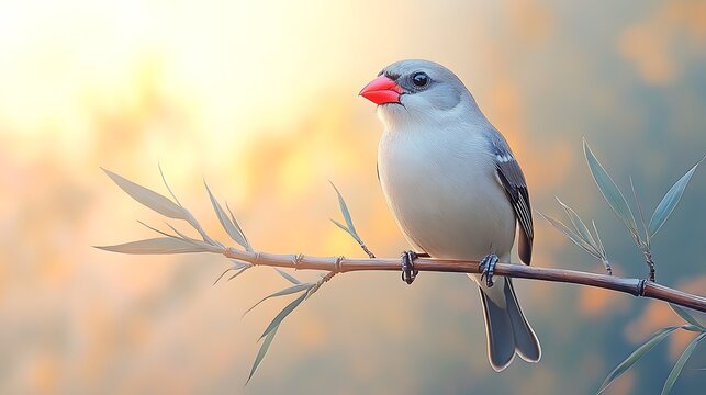 Small bird with bright red beak perched on branch in soft sunlight