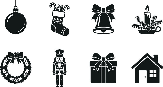 Christmas holiday icon collection featuring ornament stocking bell wreath gift candle nutcracker and festive home silhouette vector set