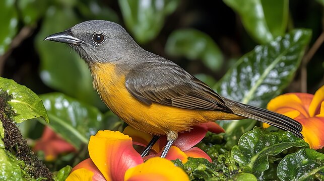 Small bird with grey and orange plumage perched on flowering plant