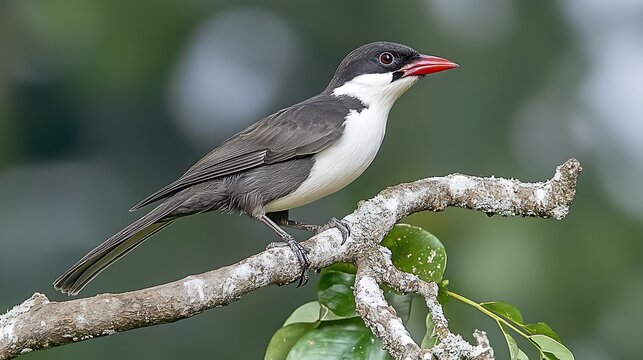 Small bird with red beak perched on tree branch natural environment