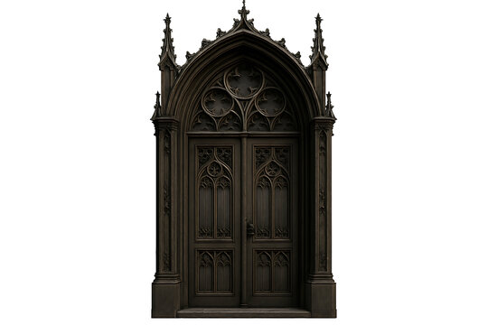 Mysterious medieval Gothic castle entrance portal featuring detailed dark carved wood patterns and spires isolated against a black backdrop.