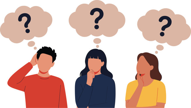 Confused group of people thinking vector illustration, three diverse characters with question marks in thought bubbles
