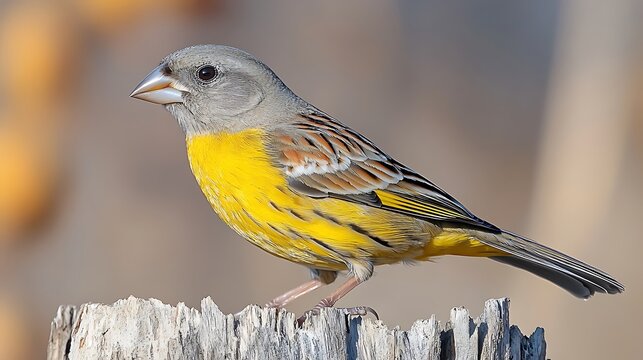 Small bird with yellow breast perched on wood