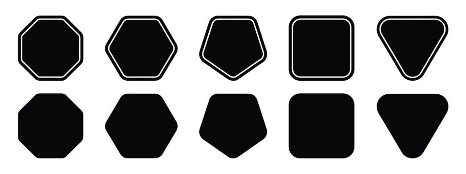 Set of ten geometric shapes with rounded corners, including octagon, hexagon, pentagon, square, and triangle in black and white