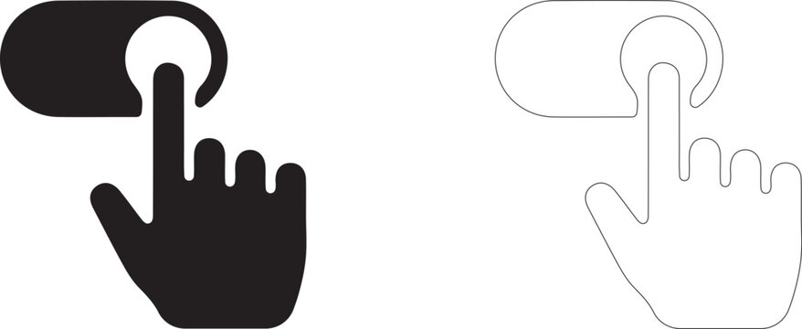Toggling switch with finger vector icon filled and outline, activating settings and enabling mode symbol.