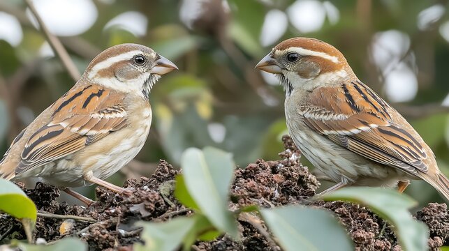Two small brown birds perched on a tree branch with green leaves
