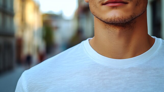Close up of man wearing white t shirt outdoor blurred background