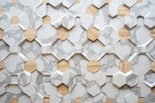 Geometric wall paneling featuring alternating white marble hexagonal tiles and light brown wooden textured hexagonal accent pieces