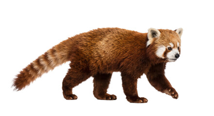 Red panda walking gracefully on a white background, showcasing its bushy tail © Sapphire