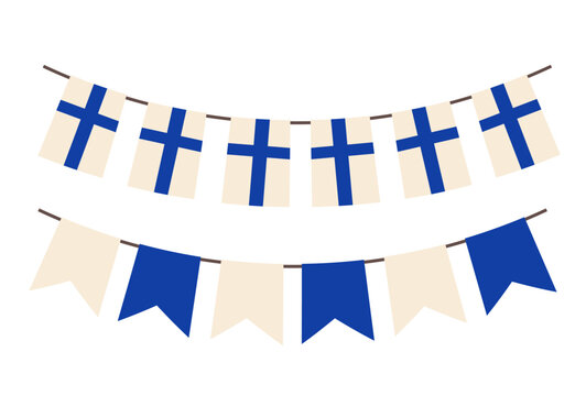 Flag of Finland, garland of Finnish flags, bunting garland, vector illustration, isolated on white background.