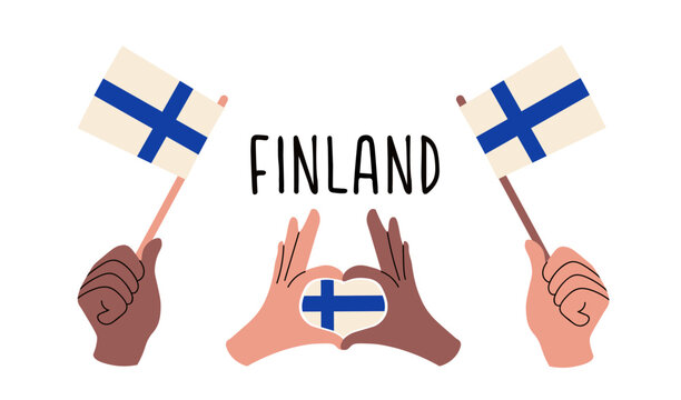 Finland flags. Diverse hands holding Finnish flags and forming a heart with Finland flag inside. Symbol of unity, patriotism and support. Vector Finnish flags in flat modern style.
