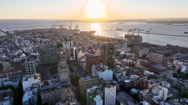 Sunset Montevideo Skyline At Montevideo In Maldonado Uruguay. Historical Centre Landscape. Downtown City. Sunset Skyline. Montevideo Skyline At Montevideo In Maldonado Uruguay. Beautiful Cityscape.