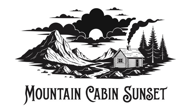 Very beautiful black and white realistic vector illustration of a RUSTIC CABIN SUNSET LANDSCAPE featuring a bold d&eacute;cor label reading "MOUNTAIN CABIN SUNSET", engraved wooden cabin, mountain peaks, dra