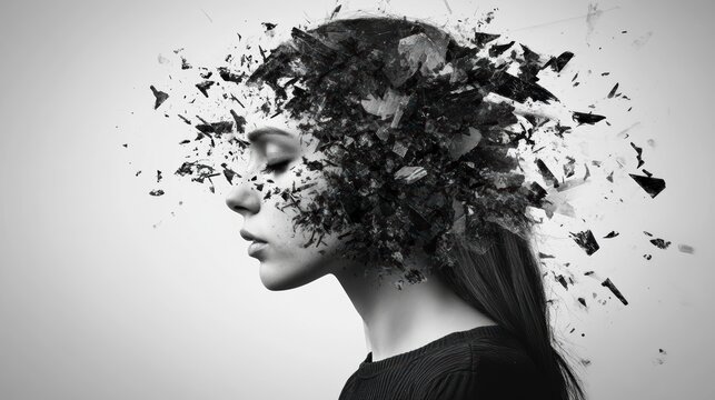 Monochrome portrait of a woman with her head exploding into fragments, symbolizing mental breakdown, stress, or emotional turmoil.