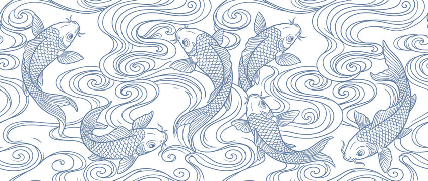 Blue Koi Fish Swimming Through Wavy Water Pattern