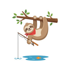 Obraz premium Cute Sloth Hanging on Tree Branch Fishing with Red Bandana