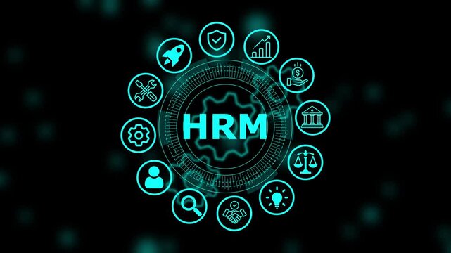 Human resource management hrm text surrounded by glowing blue circular on a dark background with digital gear and network connection