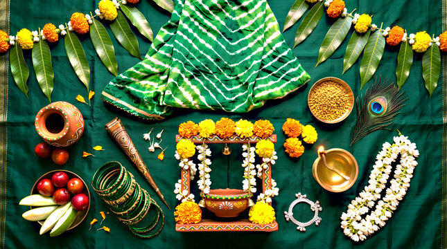 Teej Festival Rajasthani Women Swing Green Monsoon Traditional Attire Flat Lay
