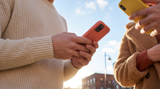 Close up of hands holding smartphones in warm autumn knitwear outdoors