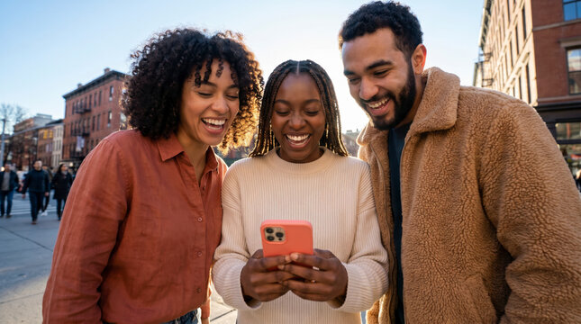 Multicultural friends laughing at smartphone in autumn outfits at warm golden hour
