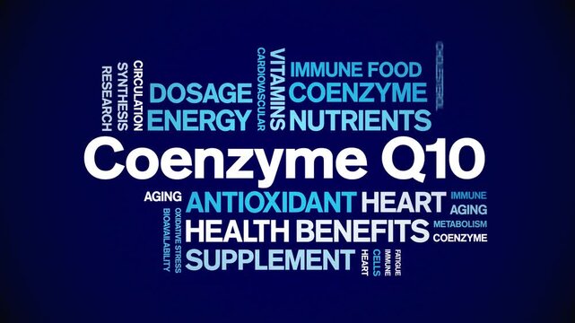 Coenzyme Q10 animated word cloud-CoQ10 text design animation tag kinetic typography seamless loop.