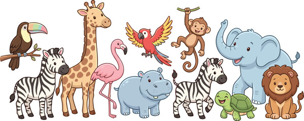 Cute safari jungle animal collection featuring elephant lion giraffe zebra flamingo monkey toucan parrot turtle and hippopotamus vector set © dhuresh