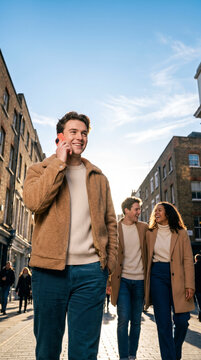 Spirited man in autumn coat talking on smartphone while walking city street