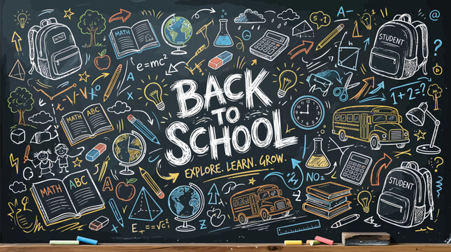 Back to school chalkboard drawing with education icons
