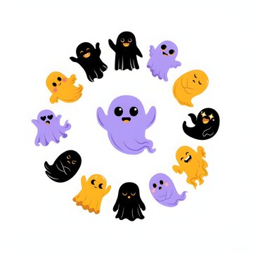 Kawaii Halloween Ghost Icons Bundle with Adorable Cartoon Faces and Poses
