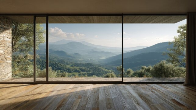 Interior view featuring a large window showcasing a lush mountainous landscape under a blue sky