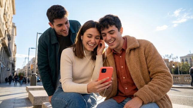 Friends sharing smartphone and earphones in autumn coats outdoors