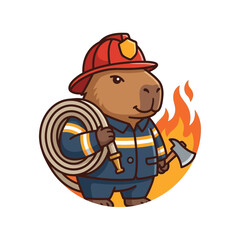 Fototapeta premium Cute Capybara Firefighter with Hose and Axe, Ready to Fight Fire