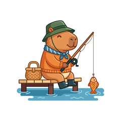 Fototapeta premium Cute Capybara Fishing on a Dock, Catching a Fish, Cartoon Style