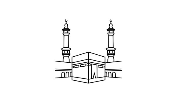 Makkah Kaaba and two minarets minimalist continuous line art icon vector