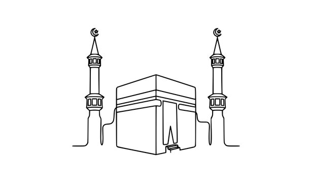 Kaaba and two mosque minarets one line drawing icon for Makkah pilgrimage vector