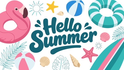 Fototapeta premium Hello Summer typography banner with beach elements, tropical vacation vector background, pink flamingo float and surfboard illustration