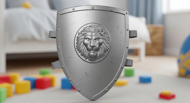 Metallic shield with lion emblem
