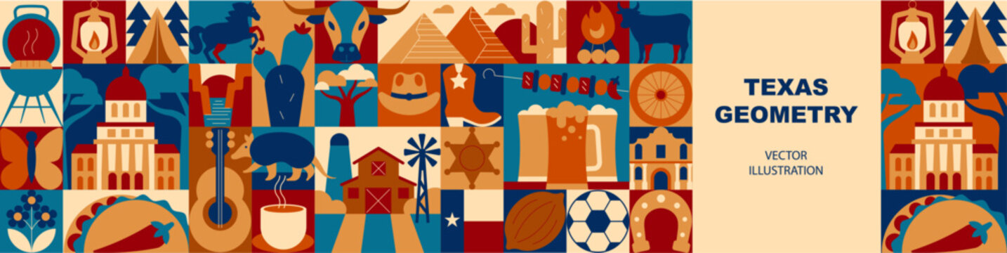 Texas Geometric Seamless Pattern and Banner with Tourism Mosaic Elements, Vector Illustration