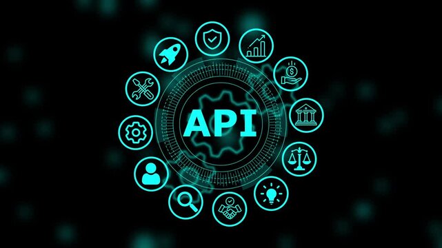 Application programming interface api concept with glowing cyan circular and digital gear interface on a dark background for software
