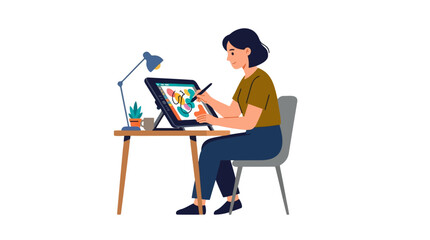 Fototapeta premium Young woman artist drawing on a digital tablet with stylus at a desk with lamp and plant