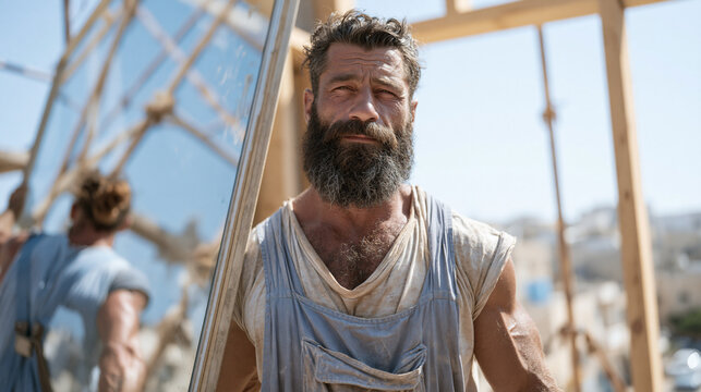 A tall bearded glazier carries a large pane across an urban construction site, reflections of scaffolding and sky distorted across the glass surface, his partner guiding him