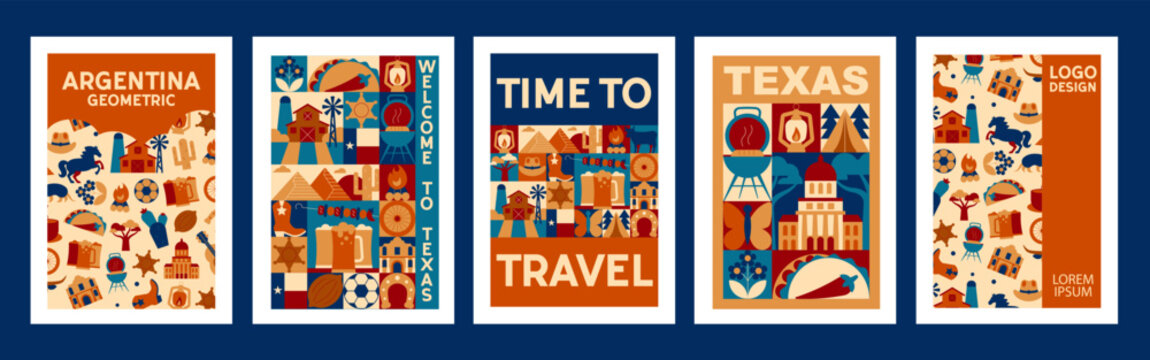 Mosaic Geometric Texas Poster Set with Tourism Vector Design Templates