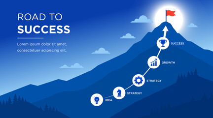 Fototapeta na wymiar Road to Success business growth vector banner with mountain path, strategy roadmap, achievement milestones and goal concept. Modern flat design illustration for presentation, business planning