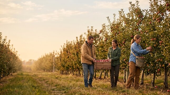 Farm workers gather apples in a late afternoon orchard