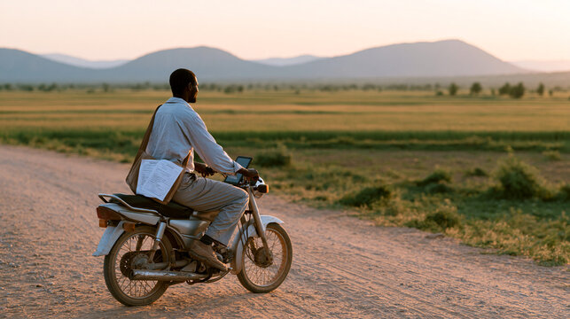 A microfinance field officer on a motorbike travels a dusty rural road to visit unbanked smallholder farmers, a shoulder bag containing printed loan forms and a tablet device