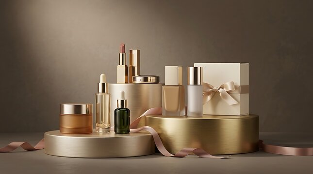 Set of luxury cosmetic skincare products and makeup items on gold podiums with gift box. limited edition beauty bundles