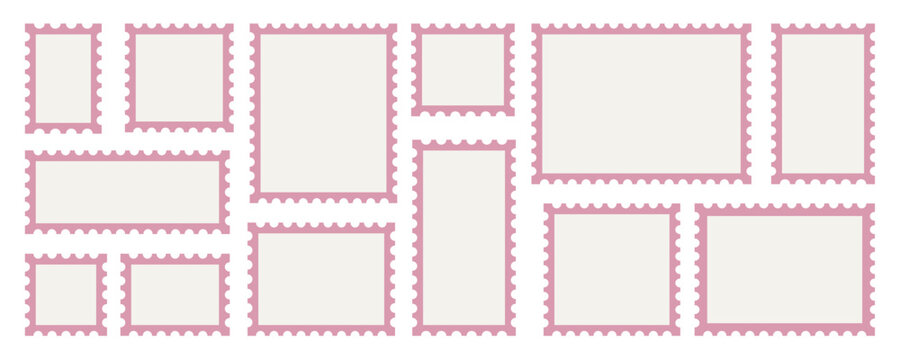 stamp frame postcard ticket postage edge for photo paper border. postal letter sticker template with pink scallop sample and blank layout. clean vector element for cover clipart mockup