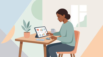 Fototapeta premium Young woman working on tablet at desk, health app on screen, home office, pastel background
