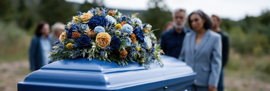 Blue coffin topped with a blue and yellow floral arrangement for outdoor memorial banner and funeral background with mourners