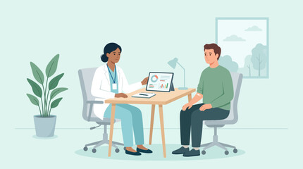Fototapeta premium Doctor consulting patient with data on tablet in medical office